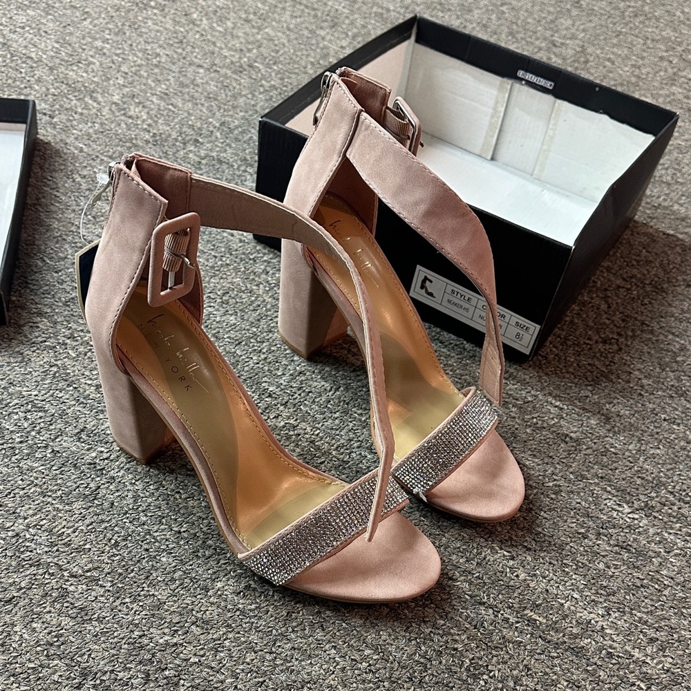 Blush Pink Block Heel Sandals with Rhinestone Strap